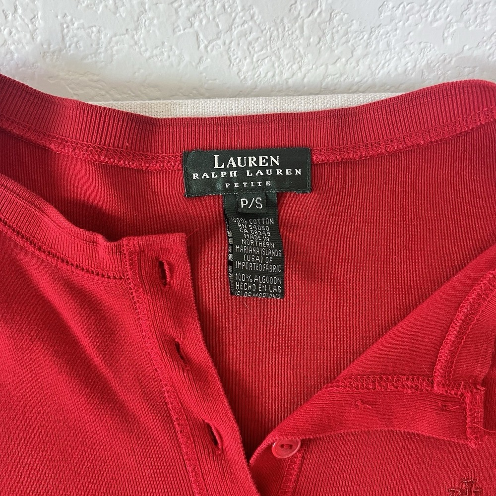 Lauren Ralph Lauren Petite Red Cotton Henley Midi Dress P/S Long Sleeve Logo - Picture 2 of 10